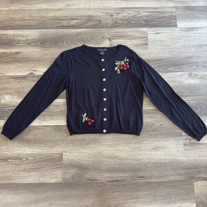 Francesca Rose Women’s Black Holly Mistletoe Cherry Sweater Size Medium Cardigan